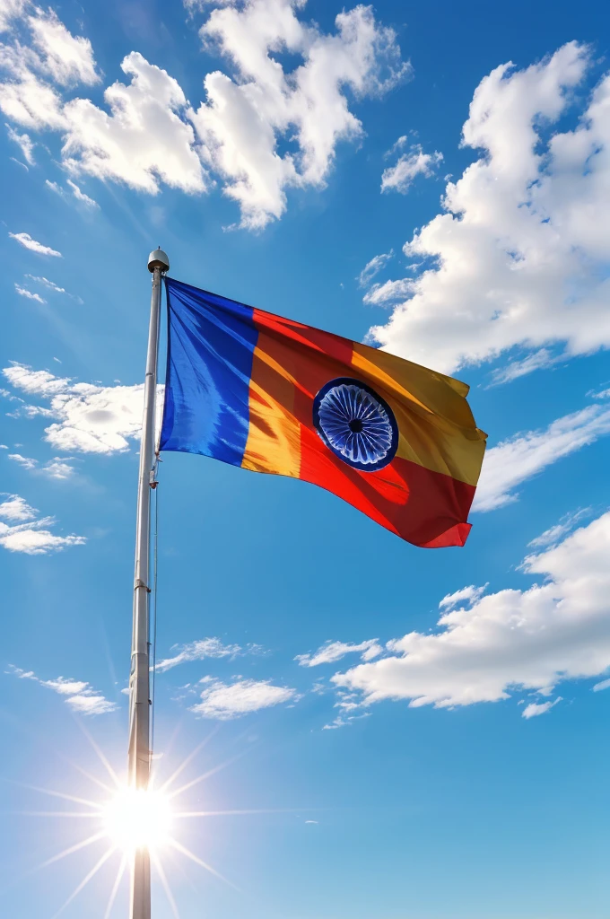 A brand new vibrant Large tricolour Indian flag made of shiny silk flying very high in the sky full stretched with just vibrant blue sky and sunlight in background.. hd.