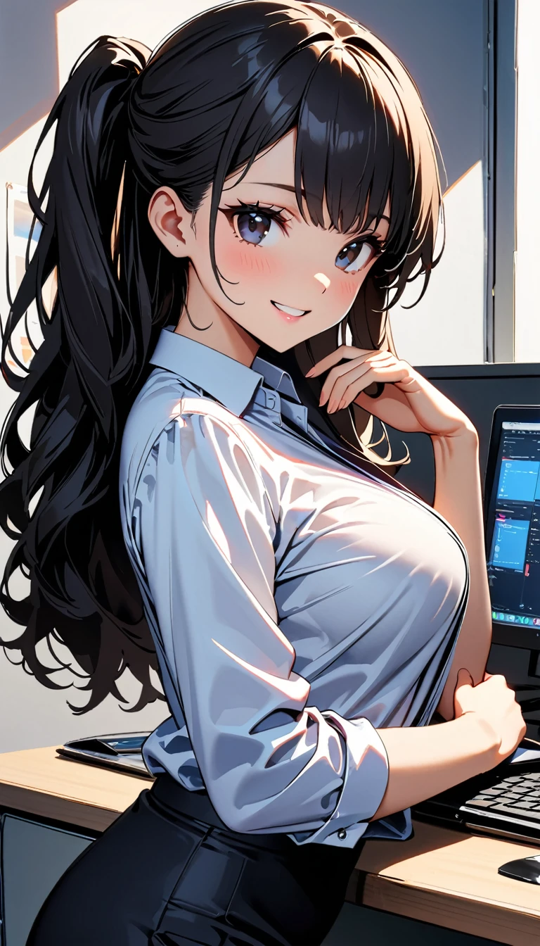 (Highest quality:1.2, Very detailed, up to date, Vibrant, Ultra-high resolution, High Contrast, masterpiece:1.2, Highest quality, Best aesthetics), Beautiful female mechanic, sexy, Office Casual,Best Body Line, Black beautiful eyes, Droopy eyes,A kind smile, Detailed facial features, Elegant hairstyle, detailed machine, The job description on the wall, neatly organized desk, Precision work, Adorable,