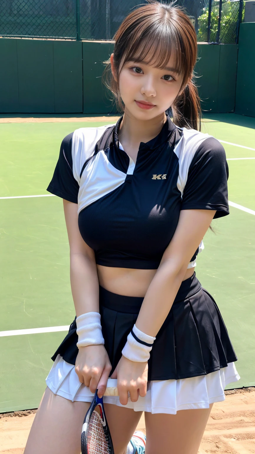 (8K, RAW Photos, Highest quality, masterpiece:1.2), (professional photography, full colors, studio-caliber color grading), (Gravure quality for high-end fashion magazines), close up, BREAK,18 year old girl,(perfect long ponytail:1.1), bangs, crying a little, Harajuku style, Big Natural Color Lip, (Plumpy body (smooth skin.1 (huge breasts.2), (expresses the roundness and softness of the chest area..1),  BREAK (white tennis uniform, short sleeve, shirt, skirt, socks, tennis shoes), standing, sexy pose