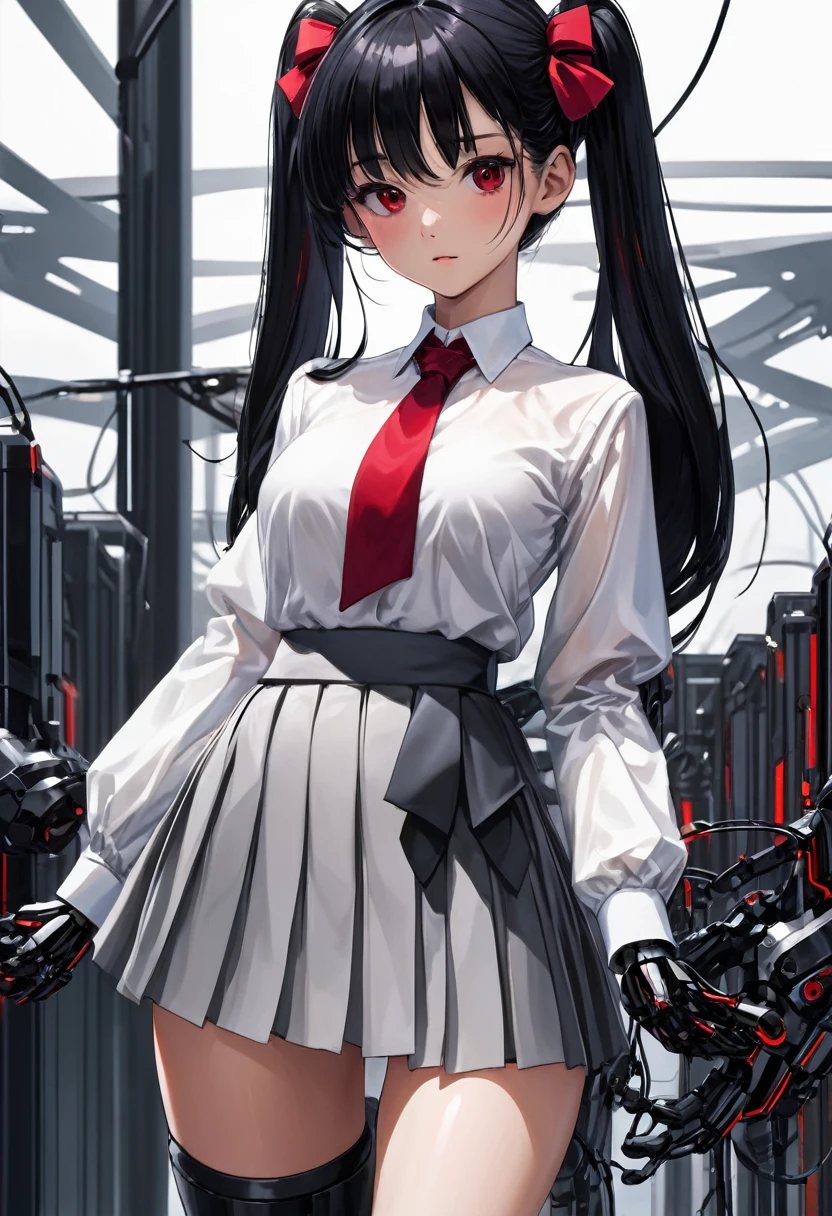 (masterpiece:1.2),(best quality:1.2),(masterpiece, best quality, ultra-high resolution), Black straight hair, dark eyes, Smooth fair skin with shiny detailed mechanical hands. Japanese with pleated skirt and white blouse, red bow at the neck, Robotic arms integrated with advanced technology but aesthetically unobtrusive