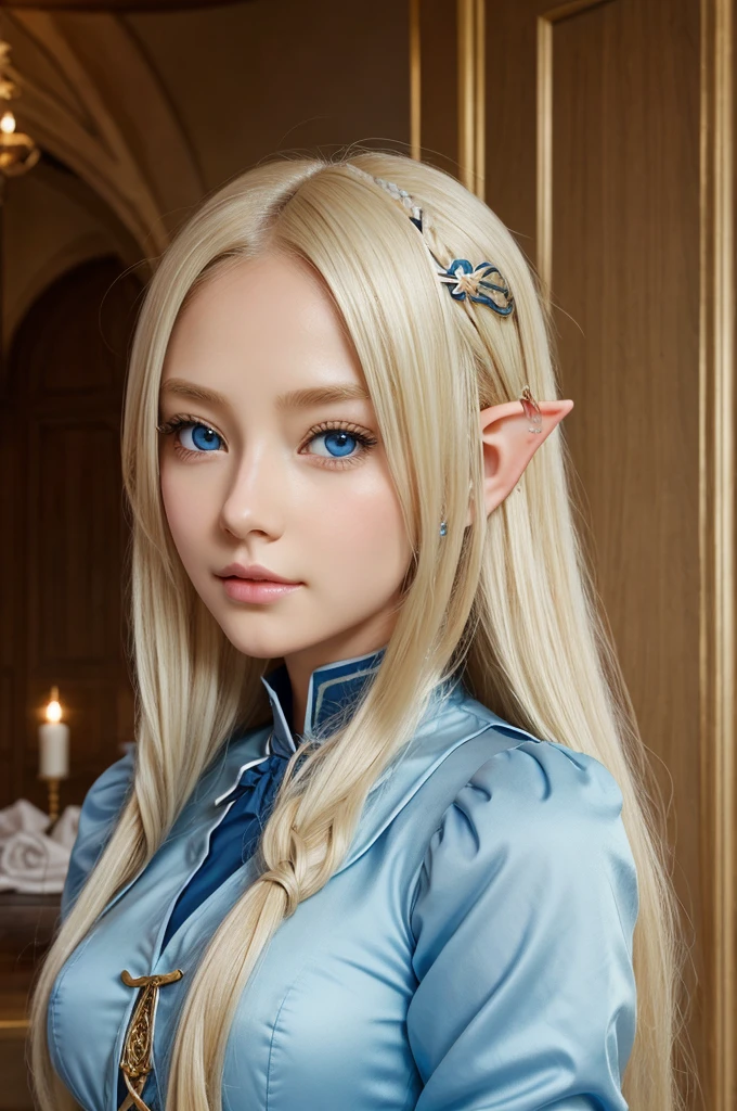 is description pe ai art bana:
shes called elina and shes an elf princes, she has light blonde hair with dark blue eyes white skin amd a anime girl