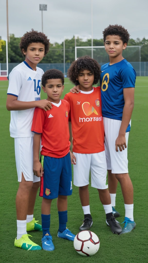 "on a soccer field, three boys have their backs to the camera, watching the game. the newest, ALVES, 12 years old, have curly hair , with brown color and amber-green eyes. He's on the left. Beside him, are Jonathan and Lemes, both 16 years old, with straight hair. They wear colorful t-shirts and sports shorts. The green grass is under their feet and the clear blue sky is above them, creating the perfect setting for an afternoon of football.
!