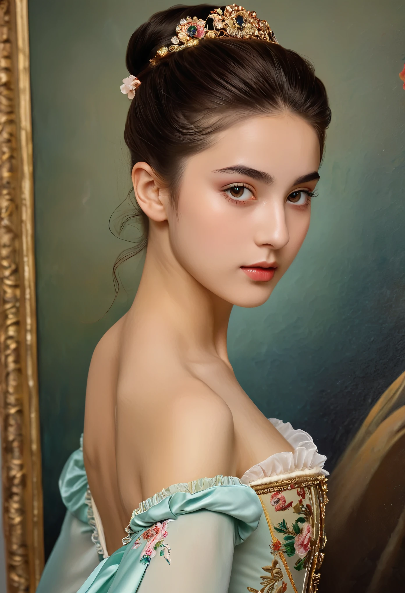 (highres,masterpiece:1.2),(realistic:1.37)"(best quality, highres, ultra-detailed, realistic),beautiful 19th-century portrait of a 16-year-old French ballet dancer, (She is half French and half Japanese, and is a stunning beauty with detailed eyes and a high nose:1.1), thick eyebrows, (elaborate ballet costume:1.4), detailed facial features, long graceful neck, flowing locks of hair, poised and elegant posture, soft and delicate lighting, classic oil painting medium, vibrant colors, subtle background with floral motifs", dreamy atmosphere, Surrealism,mystical aura, Charlie Bowater, 19th-century France, seductive, (best quality,4k,8k,highres,masterpiece:1.2), ultra-detailed, (realistic,photorealistic,photo-realistic:1.37),(Numerous award-winning masterpieces, incredibly detailed and textured, maximal resolution and clarity), (Hyper-realistic:1.4)