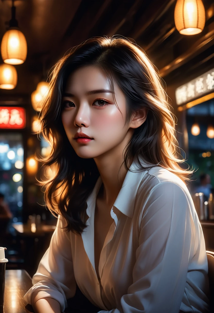 (best quality,high resolution,masterpiece:1.2),Extremely detailed,(Practical,Reality,Photo-realistic:1.37),Depressed Asian woman sitting in a dim cafe at night，Backlit portrait,Darkroom Portraits,Close-up of woman with hair,Darkroom scene,The trait of a mysterious woman,outlined silhouettes,Backlit hair,Girl with glowing lens flare,High contrast portrait,dramatic backlight,Light shines on the face,Mysterious portrait,Silhouette of a woman,飘逸的Backlit hair