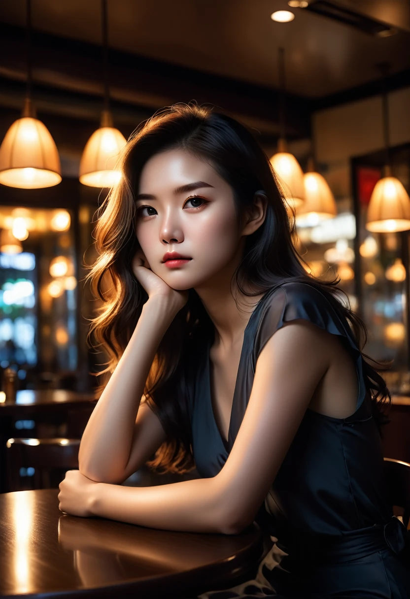 (best quality,high resolution,masterpiece:1.2),Extremely detailed,(Practical,Reality,Photo-realistic:1.37),Depressed Asian woman sitting in a dim cafe at night，Backlit portrait,Darkroom Portraits,Close-up of woman with hair,Darkroom scene,The trait of a mysterious woman,outlined silhouettes,Backlit hair,Girl with glowing lens flare,High contrast portrait,dramatic backlight,Light shines on the face,Mysterious portrait,Silhouette of a woman,飘逸的Backlit hair