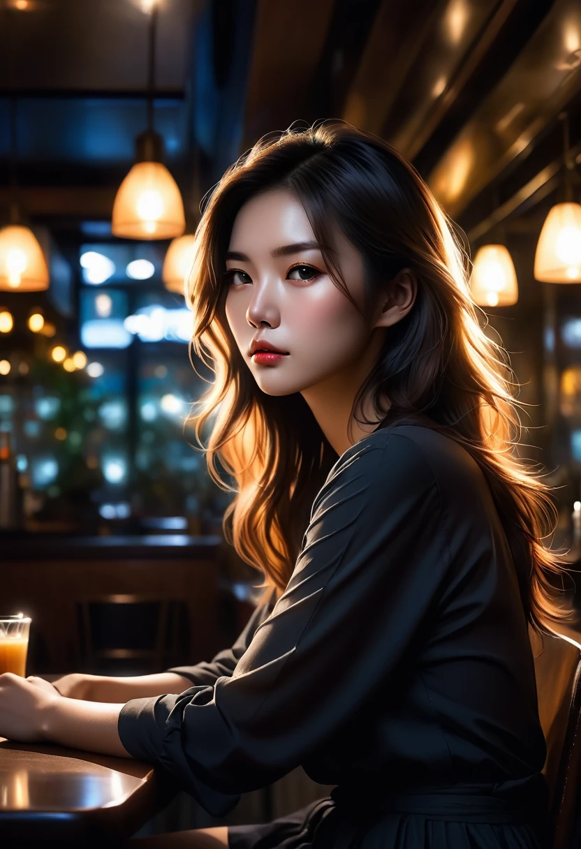 (best quality,high resolution,masterpiece:1.2),Extremely detailed,(Practical,Reality,Photo-realistic:1.37),Depressed Asian woman sitting in a dim cafe at night,Backlit portrait,Darkroom Portraits,Close-up of woman with hair,Darkroom scene,The trait of a mysterious woman,outlined silhouettes,Backlit hair,Girl with glowing lens flare,High contrast portrait,dramatic backlight,Light shines on the face,Mysterious portrait,Silhouette of a woman,飘逸的Backlit hair