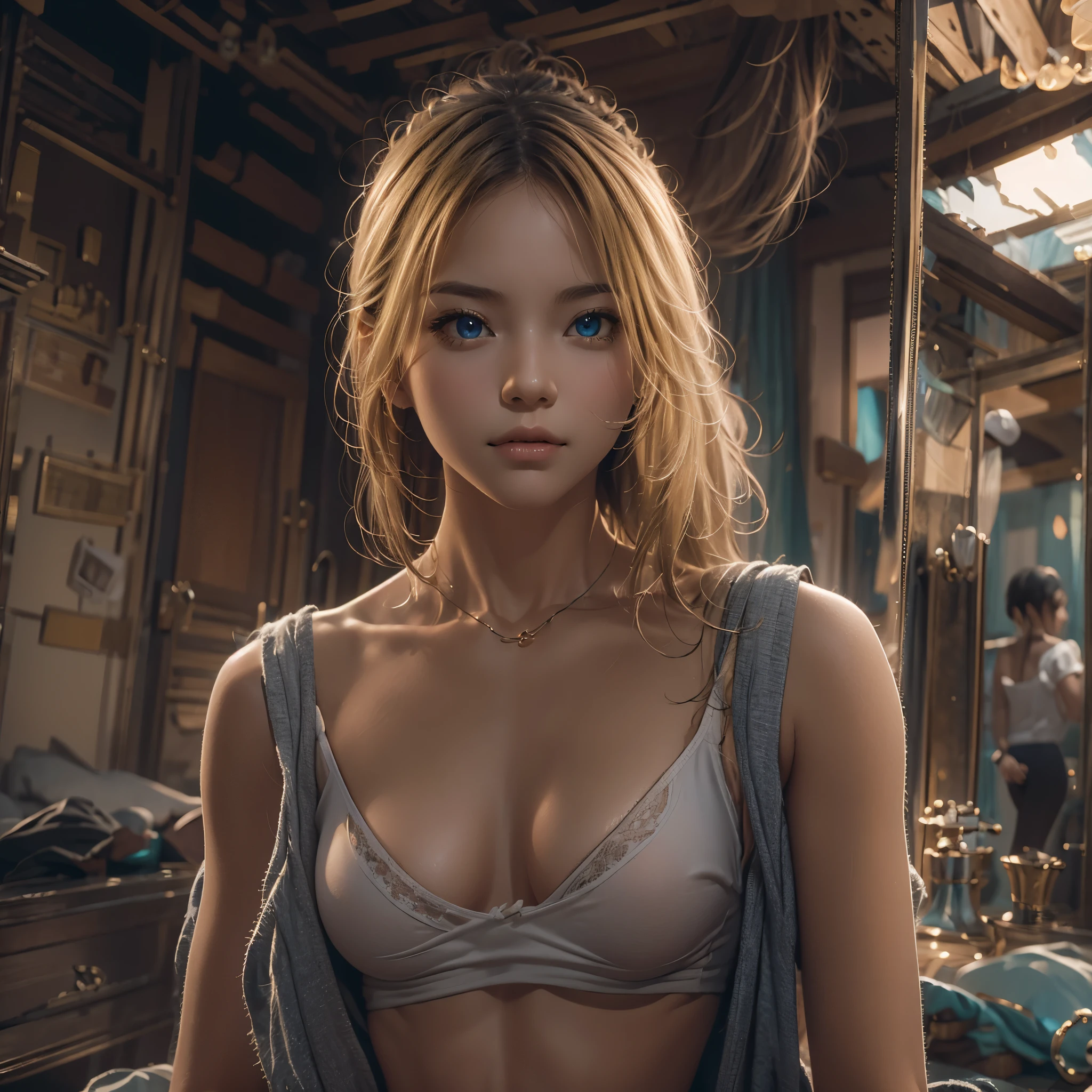 masutepiece, 1 female， Raw photo，Photorealism，High resolution，Best Quality，High Definition, Perfect composition, 
Perfect face, Perfect body, 32K，
Cinematic lighting，in one's underwear only，Real Girl，a blond，Slums，
