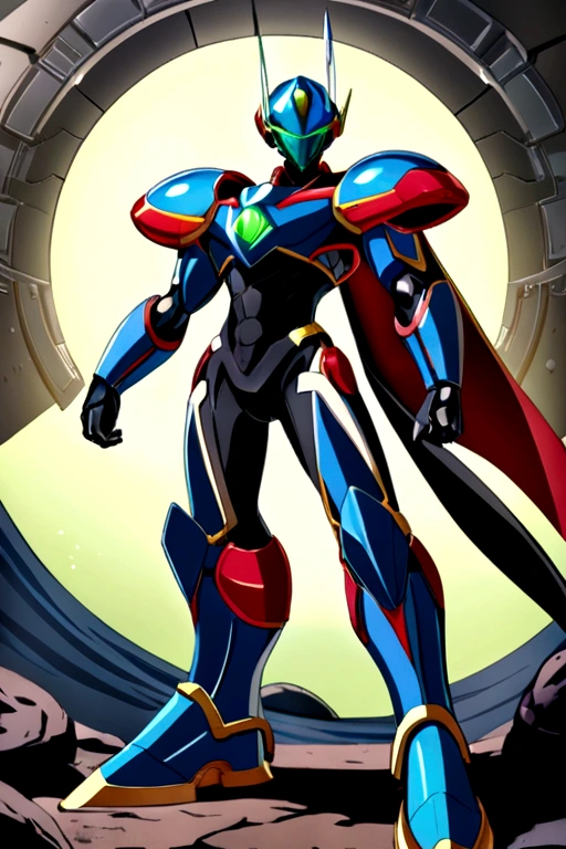 The male reploid has blue eyes, your body is slim and stylized, black like he's wearing spandex that color, he has a blue and black jacket that only reaches the top half of his body, He has a somewhat plain blue and black helmet with a triangle-shaped red gem in the center, your helmet also leaves your face exposed, he wears a white groin protector like Zero and has white stripes on his thighs, he has boots that don't reach that far up to his knees, black and blue last. His right arm is a Mega Buster, equally green and a red saber.