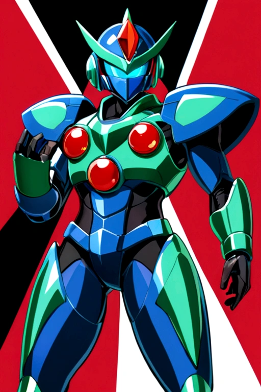 The male reploid has blue eyes, your body is slim and stylized, black like he's wearing spandex that color, he has a blue and black jacket that only reaches the top half of his body, He has a somewhat plain blue and black helmet with a triangle-shaped red gem in the center, your helmet also leaves your face exposed, he wears a white groin protector like Zero and has white stripes on his thighs, he has boots that don't reach that far up to his knees, black and blue last. His right arm is a Mega Buster, equally green and a red saber.