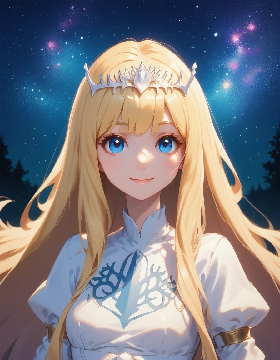 score_9, score_8_up, score_7_up, score_6_up, score_5_up, score_4_up, rating_safe, , upper body, lslight smile, dark sky,starry night, ,1girl,solo, calca, blonde hair, ,( extremely long hair:1.3), very long hair, extra long hair, white tiara, white dress, blue eyes,Calca Bessarez, medium breast,Calca