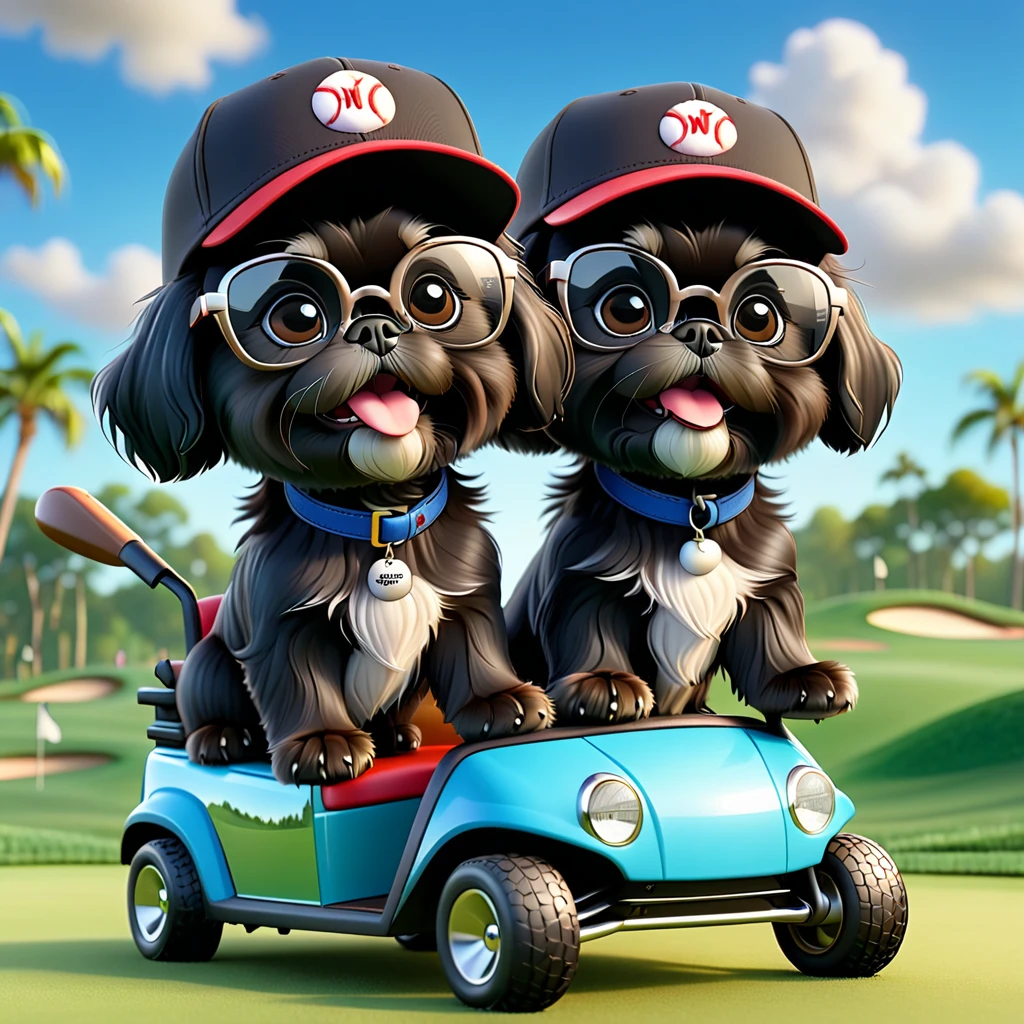 2 Adorable small black Shih Tzu puppies wearing baseball cap and glasses crash golf cart Disney background 3d cartoon 3d render disney pixar style
