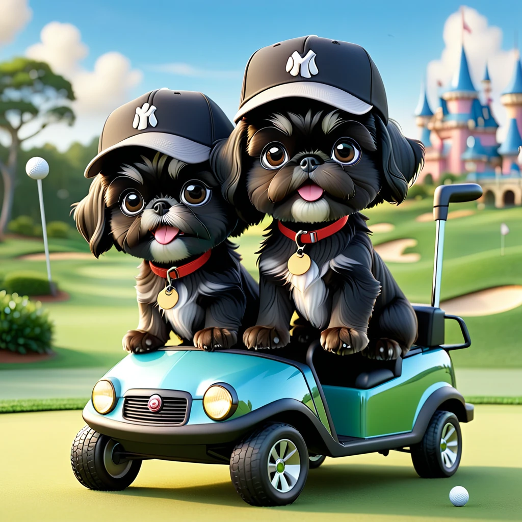 2 Adorable small black Shih Tzu puppies wearing baseball cap and glasses crash golf cart Disney background 3d cartoon 3d render disney pixar style