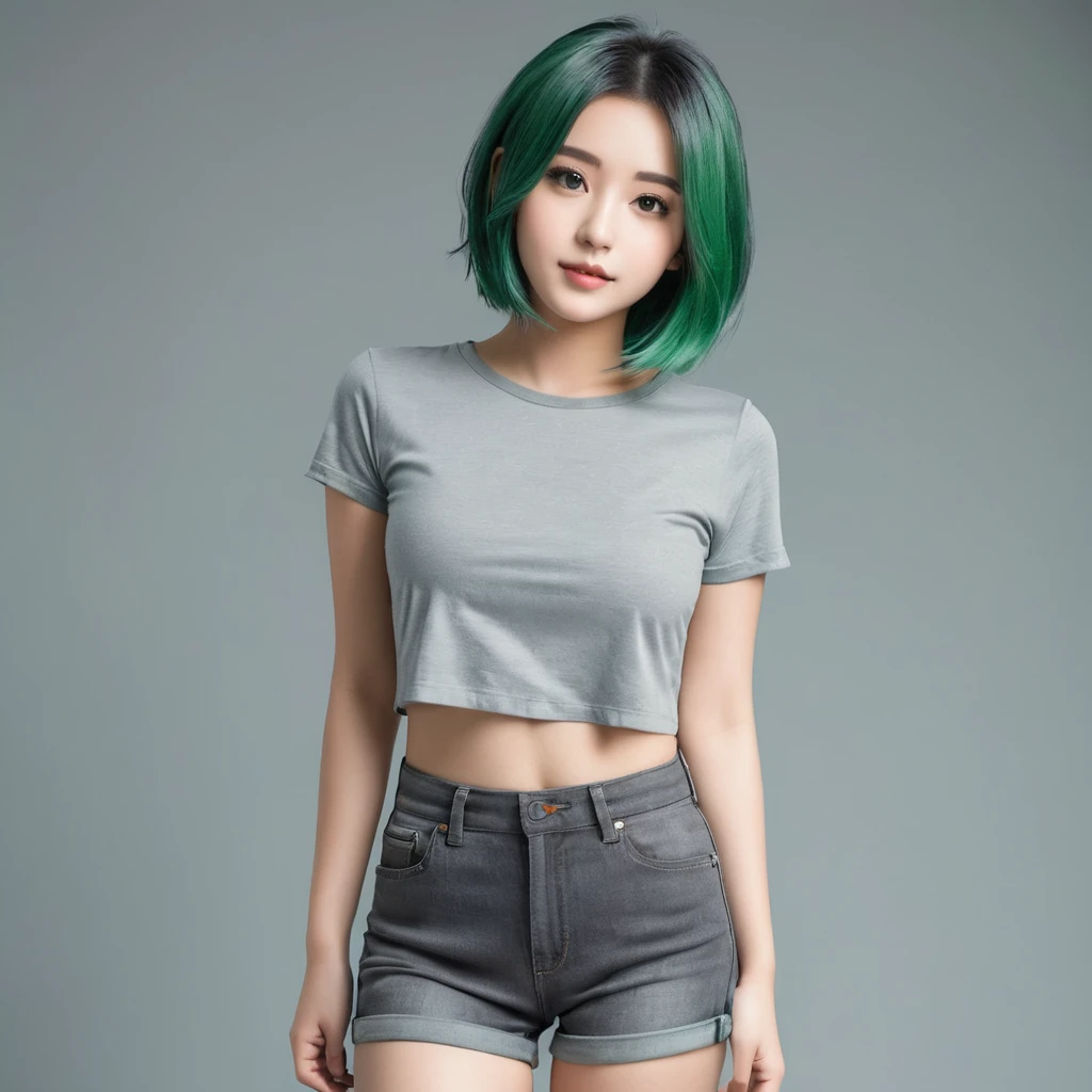 21yo girl, green hair, (bob Hair). Wearing gray t shirt, denim short pants. natural big breast, show big thigh, plump body. Standing pose. Gray background