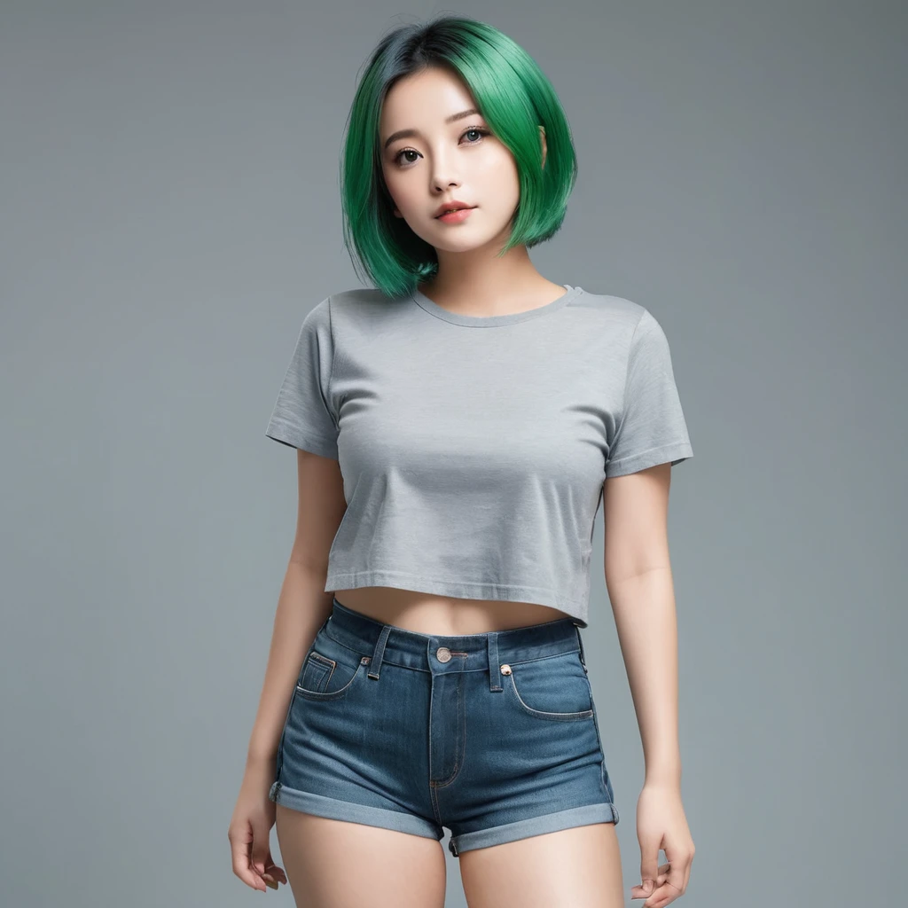 21yo girl, green hair, (bob Hair). Wearing gray t shirt, denim short pants. natural big breast, show big thigh, plump body. Standing pose. Gray background