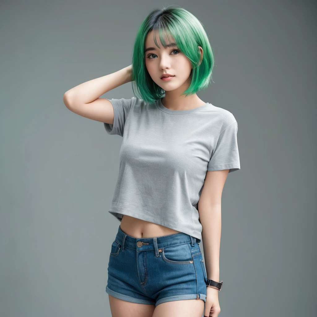 21yo girl, green hair, (bob Hair). Wearing gray t shirt, denim short pants. natural big breast, show big thigh, plump body. Standing pose. Gray background