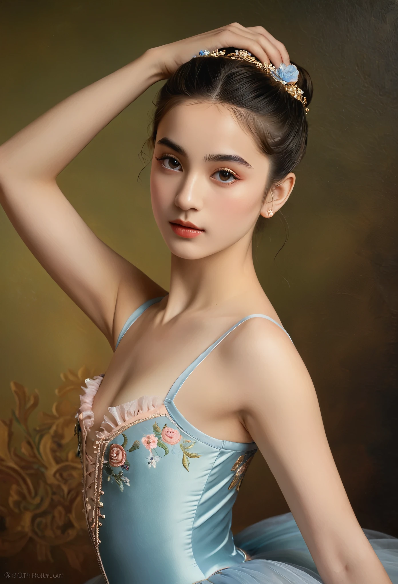 (highres,masterpiece:1.2),(realistic:1.37)"(best quality, highres, ultra-detailed, realistic),beautiful 19th-century portrait of a 16-year-old French ballet dancer, (She is half French and half Japanese, and is a stunning beauty with detailed eyes and a high nose:1.1), thick eyebrows, (elaborate ballet costume:1.4), detailed facial features, long graceful neck, flowing locks of hair, poised and elegant posture, soft and delicate lighting, classic oil painting medium, vibrant colors, subtle background with floral motifs", dreamy atmosphere, Surrealism,mystical aura, Charlie Bowater, 19th-century France, seductive, (best quality,4k,8k,highres,masterpiece:1.2), ultra-detailed, (realistic,photorealistic,photo-realistic:1.37),(Numerous award-winning masterpieces, incredibly detailed and textured, maximal resolution and clarity), (Hyper-realistic:1.4)