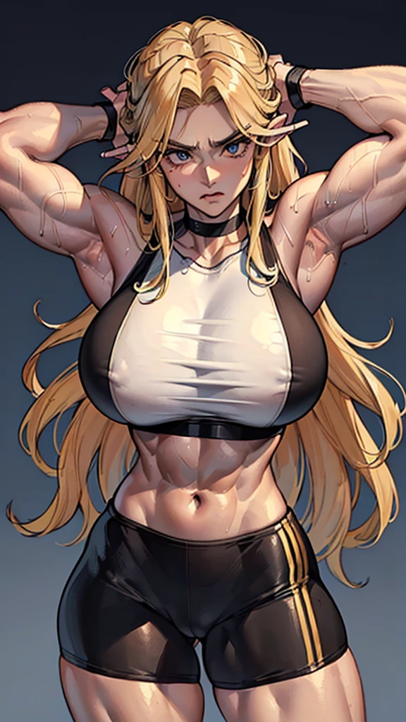 (beautiful detailed photo), (high quality image), (((tough looking woman))), (((gorgeous face))), (long wavy blonde hair), (((huge muscles))), (((big breast))), (((broad wide shoulders))), (((huge broad muscular shoulders))), (thin tight waist), ((sexy sports bra)), ((sexy spandex shorts)), (choker), (((flexing muscles pose)))