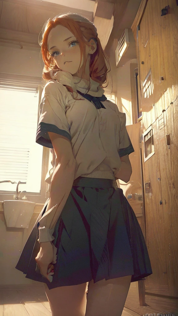 portrait, red hair, freckles straight hair cut, blue eyes, long lashes, soft white skirt,((extreme hanging big tits)),(highest quality、4k、8k、High Resolution、masterpiece:1.2)、Super detailed、(Photorealistic:1.37)、Portrait、Sharp Focus、feminine、delicate、White skin、female curves、Gentle expression、Soft lighting、Bright colors、Artistic atmosphere, shy expression, in school