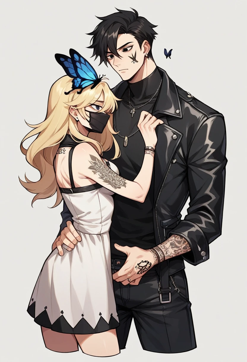 1 blonde girl with dark eyes wearing a short white dress, has a tattoo on her neck of a black butterfly She is with a boy with black hair and black eyes, tatuados, and wearing black clothes with a leather jacket, he is holding a black mask in his hand 