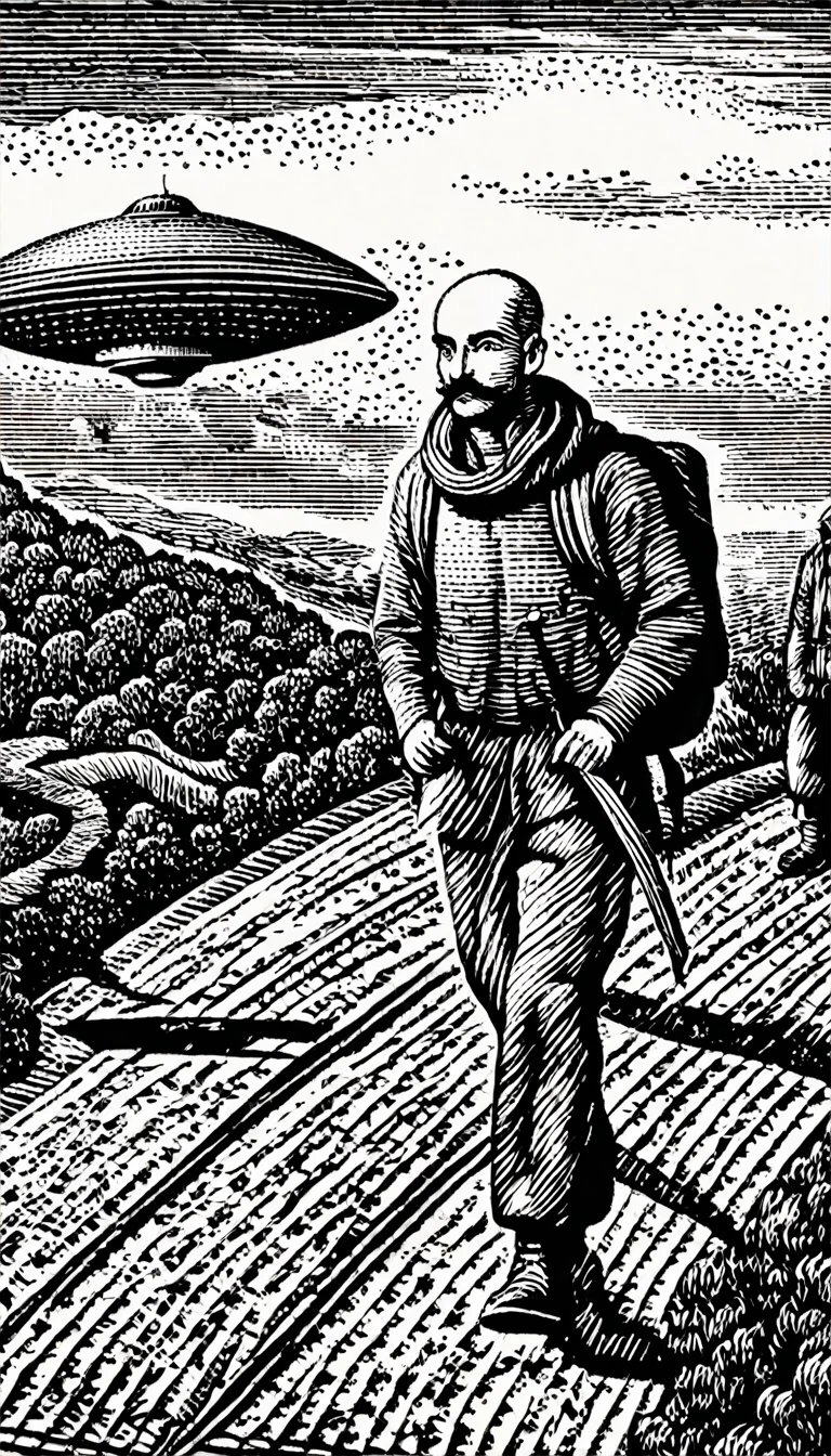 (Black and white woodcut:1.5)、(Second floor in black and white.)、foreground, dark and sinister atmosphere, face of a robust man without hair, with long mustache, with a backpack on his back, military trousers, with a white t-shirt with a flying saucer look, with a long stick in his hand and a tied scarf around his neck.、