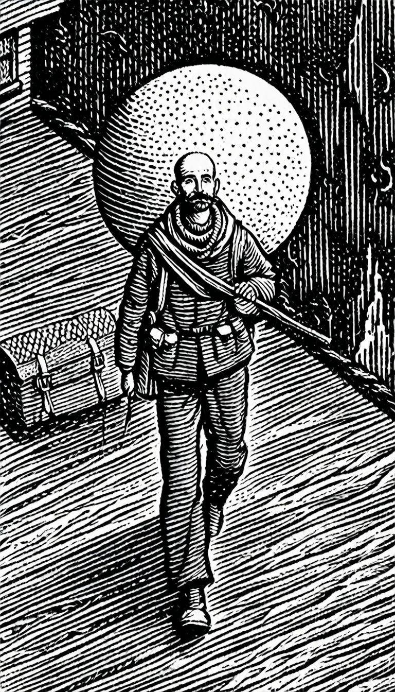 (Black and white woodcut:1.5)、(Second floor in black and white.)、foreground, dark and sinister atmosphere, face of a robust man without hair, with long mustache, with a backpack on his back, military trousers, with a white t-shirt with a flying saucer look, with a long stick in his hand and a tied scarf around his neck.、