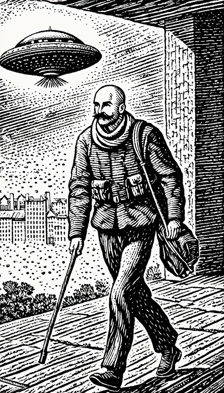 (Black and white woodcut:1.5)、(Second floor in black and white.)、foreground, dark and sinister atmosphere, face of a robust man without hair, with long mustache, with a backpack on his back, military trousers, with a white t-shirt with a flying saucer look, with a long stick in his hand and a tied scarf around his neck.、