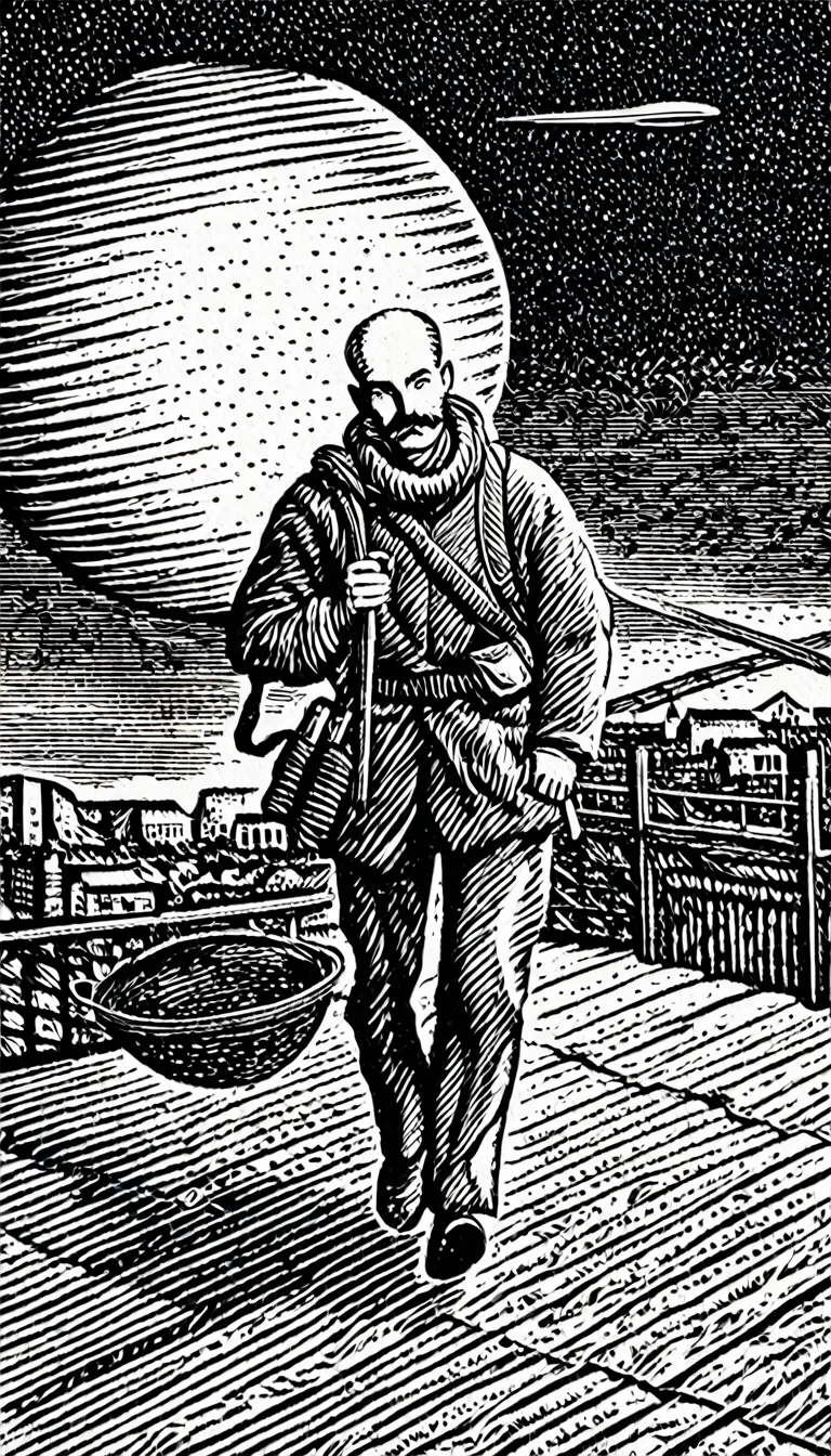 (Black and white woodcut:1.5)、(Second floor in black and white.)、foreground, dark and sinister atmosphere, face of a robust man without hair, with long mustache, with a backpack on his back, military trousers, with a white t-shirt with a flying saucer look, with a long stick in his hand and a tied scarf around his neck.、