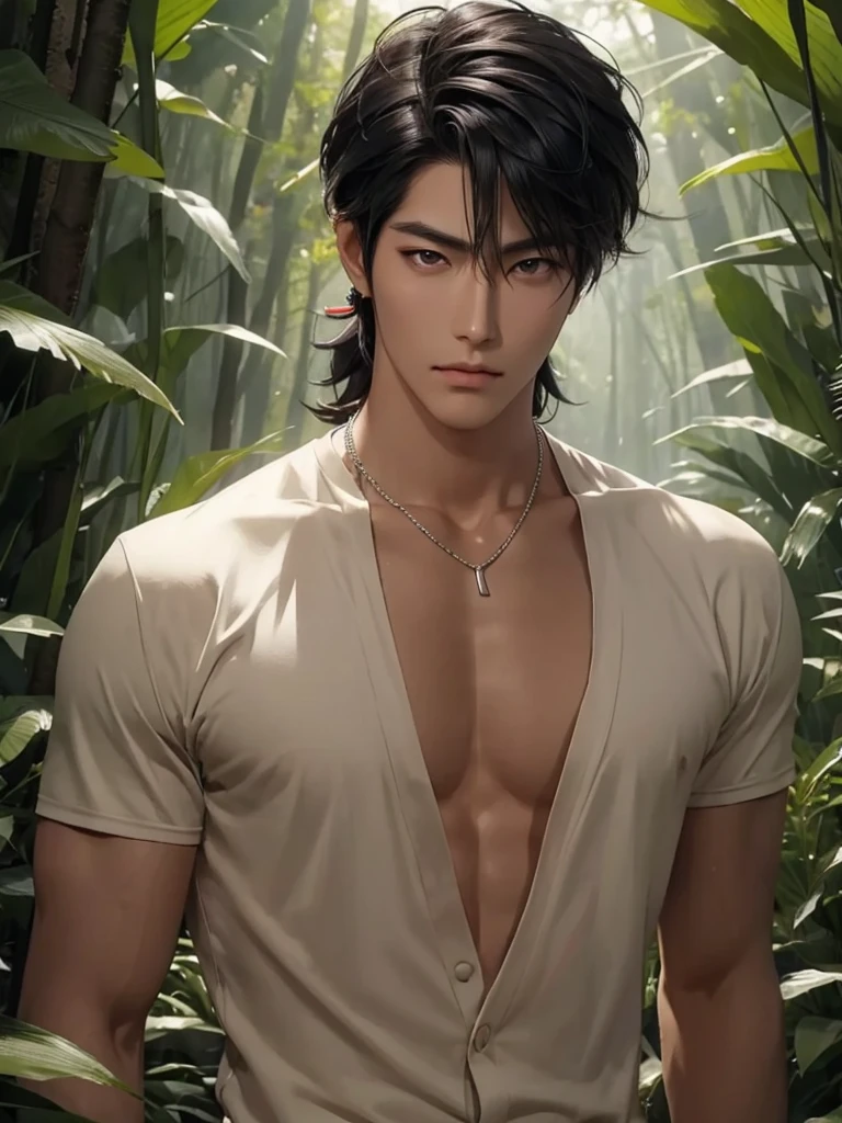 Handsome korean，tall and strong,perfect male figure, eyes looking at camera, ((tanned skin)),forest，feather hair accessories，black hair,serious expression,necklace,Ray tracing