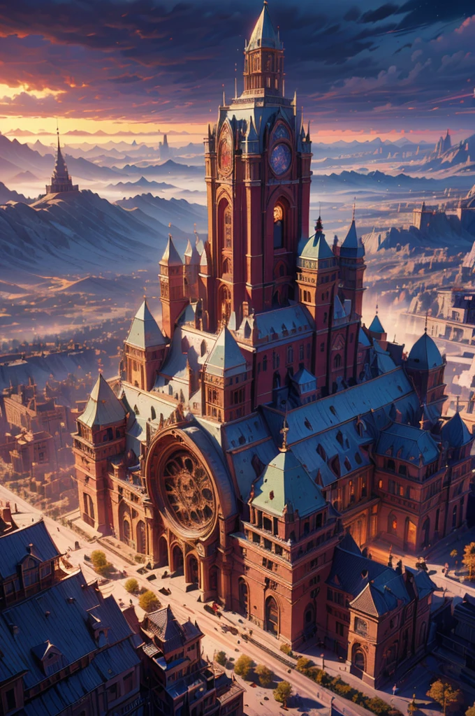 a grand cityscape of a feudal , view from high above, small ornate coliseum in the distance, striking red accents and details throughout, cinematic dramatic lighting, highly detailed, 8k, photorealistic, intricate architecture, advanced technology, (best quality,4k,8k,highres,masterpiece:1.2),ultra-detailed,(realistic,photorealistic,photo-realistic:1.37)