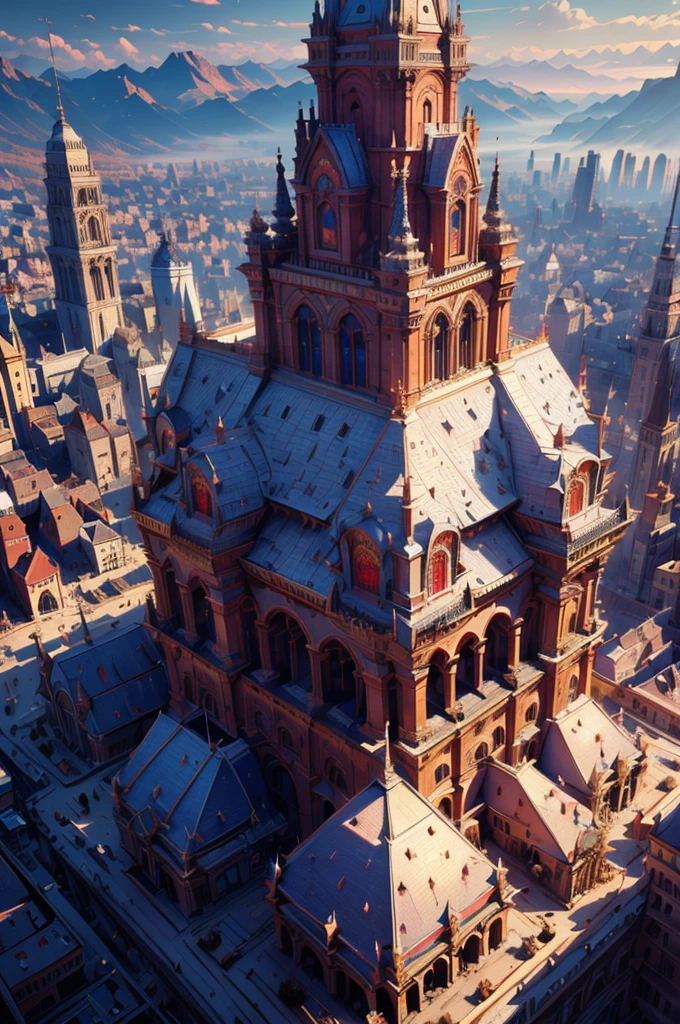 a grand cityscape of a feudal , view from high above, small ornate coliseum in the distance, striking red accents and details throughout, cinematic dramatic lighting, highly detailed, 8k, photorealistic, intricate architecture, advanced technology, (best quality,4k,8k,highres,masterpiece:1.2),ultra-detailed,(realistic,photorealistic,photo-realistic:1.37)