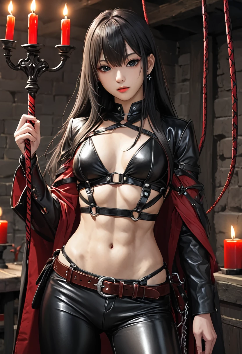 high quality, detailed, Realistic, (19 years old japanese shemale), (detailed black eyes), (long hair), (abs), (shiny skin), (whip), (red candle), (leather bondage), dungeon, harness, leather tiny thongs, (bulge),