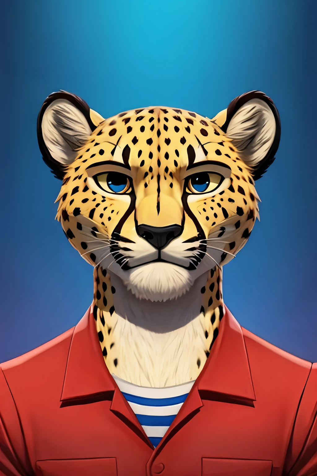 Male cheetah, two-dimensional, three-dimensional view, cartoon, with confidence in his face,
