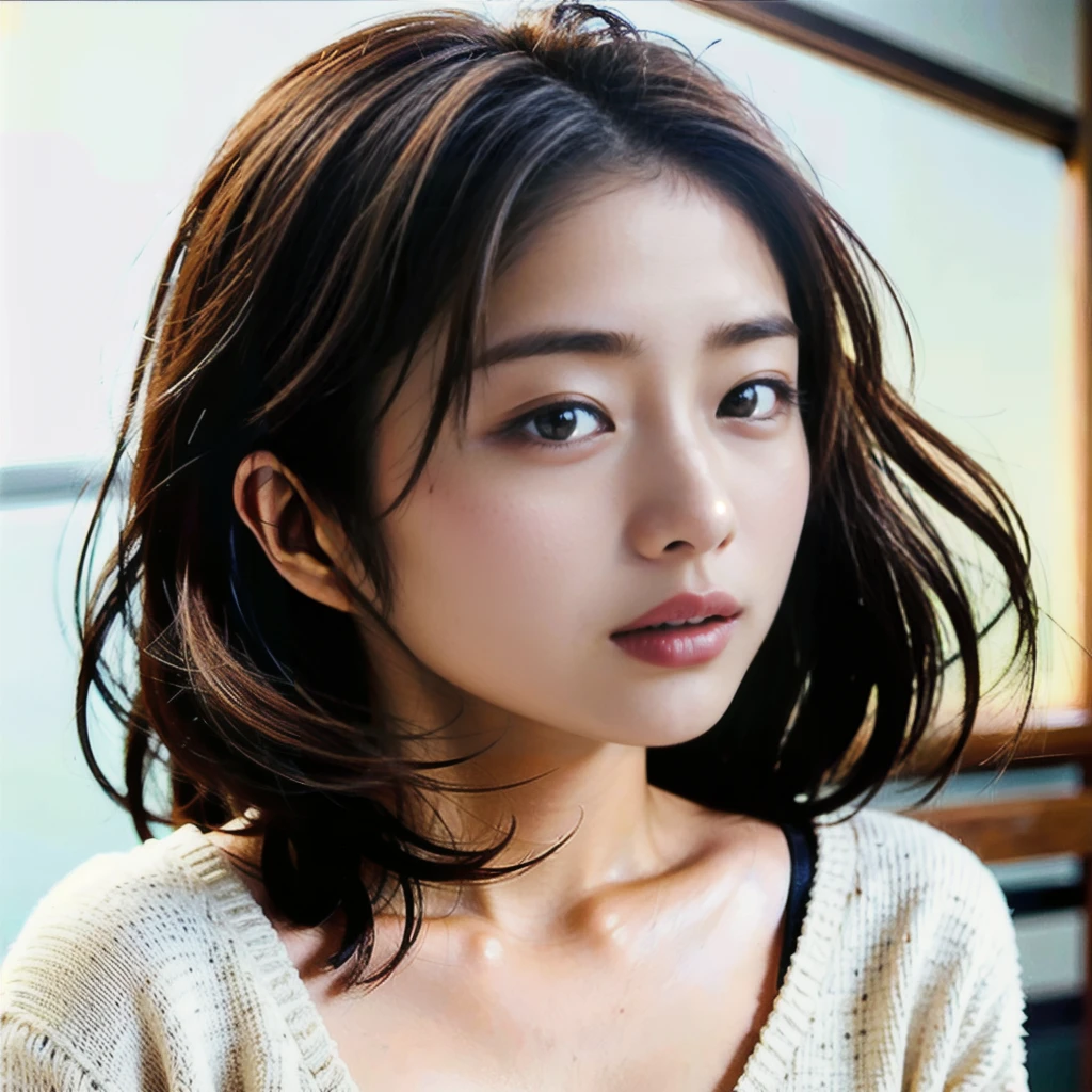 8K, Highest quality, masterpiece, Realistic, Realistic, Super detailed, Natural light, 非常にDetailed faceと肌, Fine grain, 非常にDetailed faceと肌 mid-shot, Beautiful woman looking at camera, Sexy pose, Beautiful Face, Realistic Face, Detailed face, Beautiful Hairstyles, Realistic eyes, fine grain, Realistic Skin, Fine skin, Beautiful Skin, charm, Ultra-realistic, Sexy Cardigan, kind, Brown Hair, Cute Japanese Girl, whole body