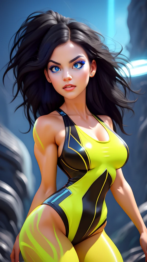 a beautiful alien woman in a swimsuit, dynamic superheroine, full body, highly detailed facial features, piercing eyes, long eyelashes, full lips, sharp nose, mesmerizing expression, graceful pose, muscular toned body, flowing hair, intricate swimsuit design, glowing skin, black hair, dramatic lighting, cinematic atmosphere, vibrant colors, photorealistic, 8k, best quality, masterpiece