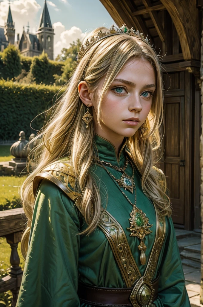 ((best qualityer)), ((work of art)), (detailded), medieval era, 1 girl, 15year old, Bullish, long YELLOW hair, big green eyes, fine nose, Full mouth, long neck, green tunic, neckleace, a staff, small town, magie, healing