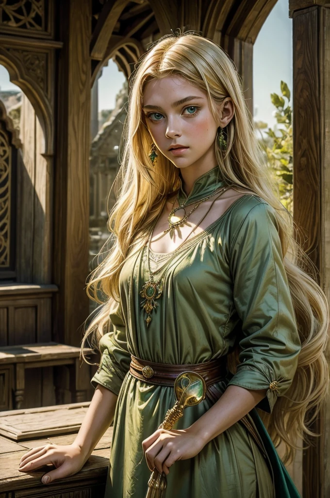((best qualityer)), ((work of art)), (detailded), medieval era, 1 girl, 15year old, Bullish, long YELLOW hair, big green eyes, fine nose, Full mouth, long neck, green tunic, neckleace, a staff, small town, magie, healing
