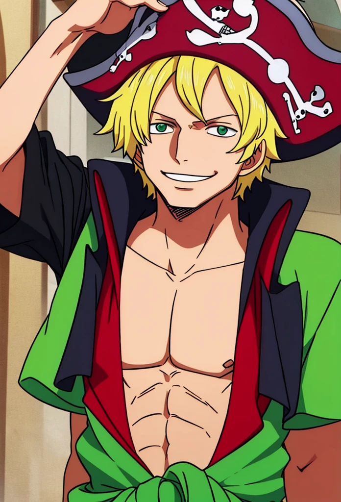 Young Man Pirate (23 years old), blond short hair, green eyes, smiling, wearing pirate clothes NO HATS