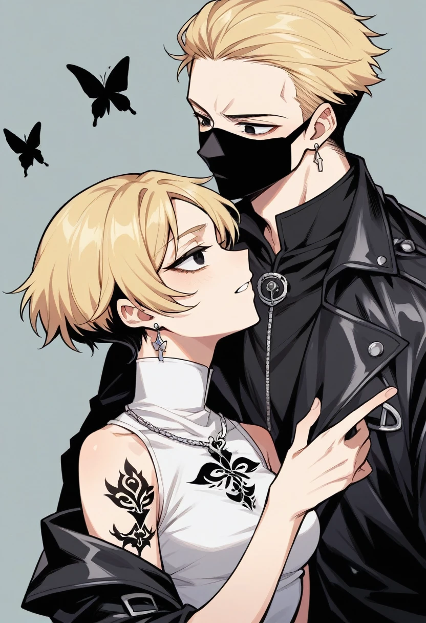 1 blonde girl with dark eyes wearing a short white dress, has a tattoo on her neck of a black butterfly She is with a boy with black hair and black eyes, tatuados, and wearing black clothes with a leather jacket, he is holding a black mask in his hand 