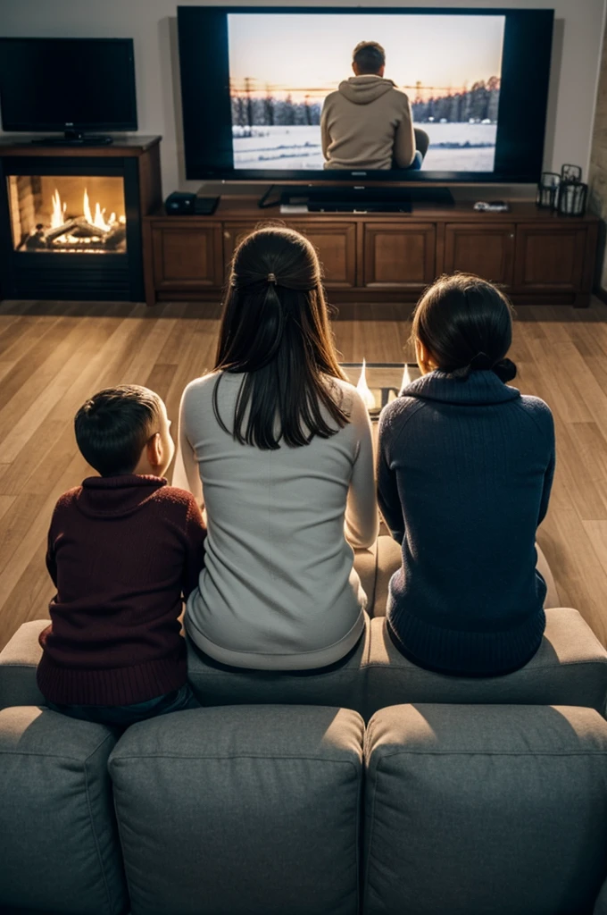 Family sitting watching a movie in winter, view from behind