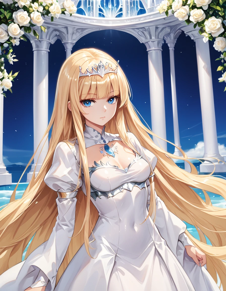  best quality, , score_9_up, shiny body, smooth body , perfect body, , anime_source ,,1girl,solo, calca, blonde hair, ,( extremely long hair:1.3), very long hair, extra long hair, white tiara, white dress, blue eyes,Calca Bessarez, medium breast,Calca