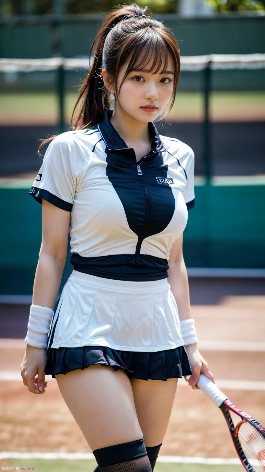 (8K, RAW Photos, Highest quality, masterpiece:1.2), (professional photography, full colors, studio-caliber color grading), (Gravure quality for high-end fashion magazines), close up, BREAK,18 year old girl,(perfect long ponytail:1.1), bangs, crying a little, Harajuku style, Big Natural Color Lip, (Plumpy body (smooth skin.1 (huge breasts.2), (expresses the roundness and softness of the chest area..1),  BREAK (white tennis uniform, short sleeve, shirt, skirt, socks, tennis shoes), standing, sexy pose