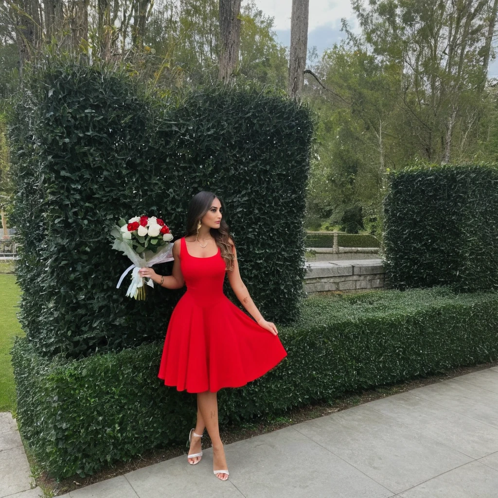 she is in a red dress outside with a bouquet of roses