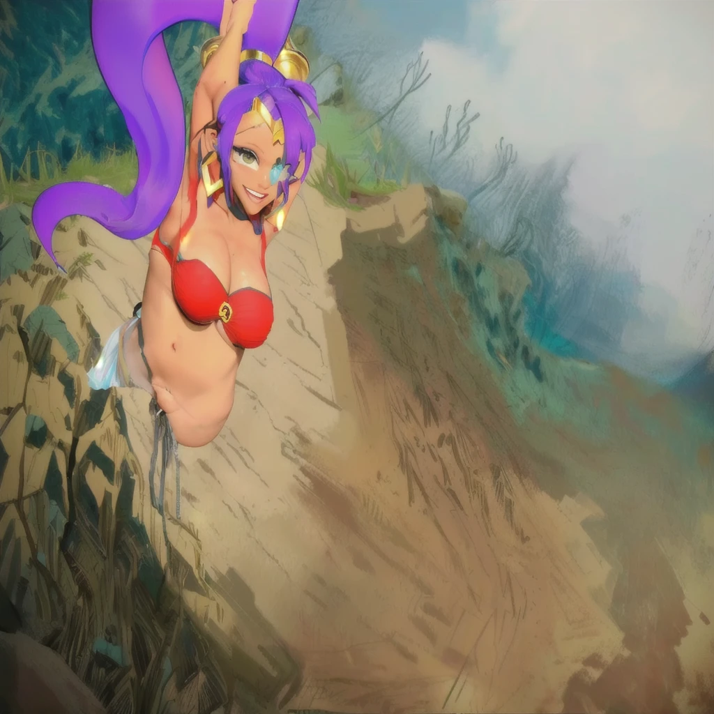 cartoon of a woman in a bikini hanging from a rope, samira from league of legends, giantess art, natalie from epic battle fantasy, bikini. background of hell. gore, giantess, beautiful genie girl, sfw version, game art!!, giantess shot, mana in the air, nsfw, on a cliff, aqua from konosuba