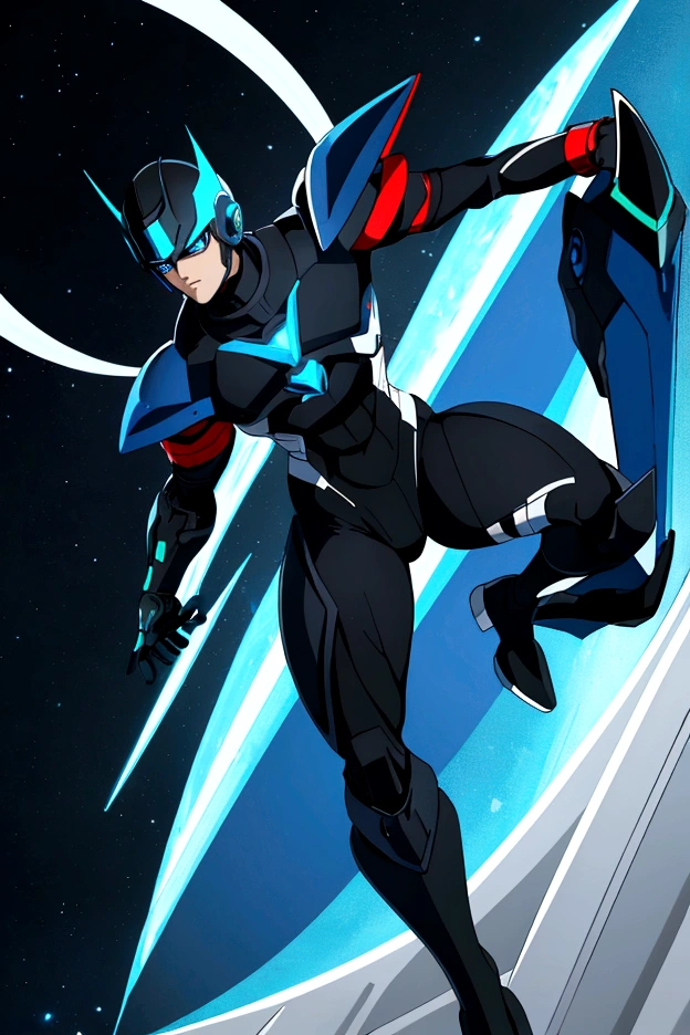 The male reploid has blue eyes, your body is slim and stylized, black like he's wearing spandex that color, he has a blue and black jacket that only reaches the top half of his body, He has a somewhat plain blue and black helmet with a triangle-shaped red gem in the center, your helmet also leaves your face exposed, he wears a white groin protector like Zero and has white stripes on his thighs, he has boots that don't reach that far up to his knees, black and blue last. His right arm is a Mega Buster, equally green and a red saber.