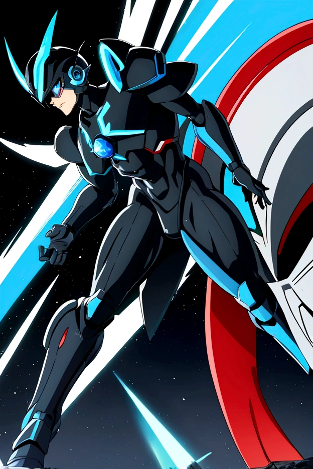 The male reploid has blue eyes, your body is slim and stylized, black like he&#39;s wearing spandex that color, he has a blue and black jacket that only reaches the top half of his body, He has a somewhat plain blue and black helmet with a triangle-shaped red gem in the center, your helmet also leaves your face exposed, he wears a white groin protector like Zero and has white stripes on his thighs, he has boots that don&#39;t reach that far up to his knees, black and blue last. His right arm is a Mega Buster, equally green and a red saber.