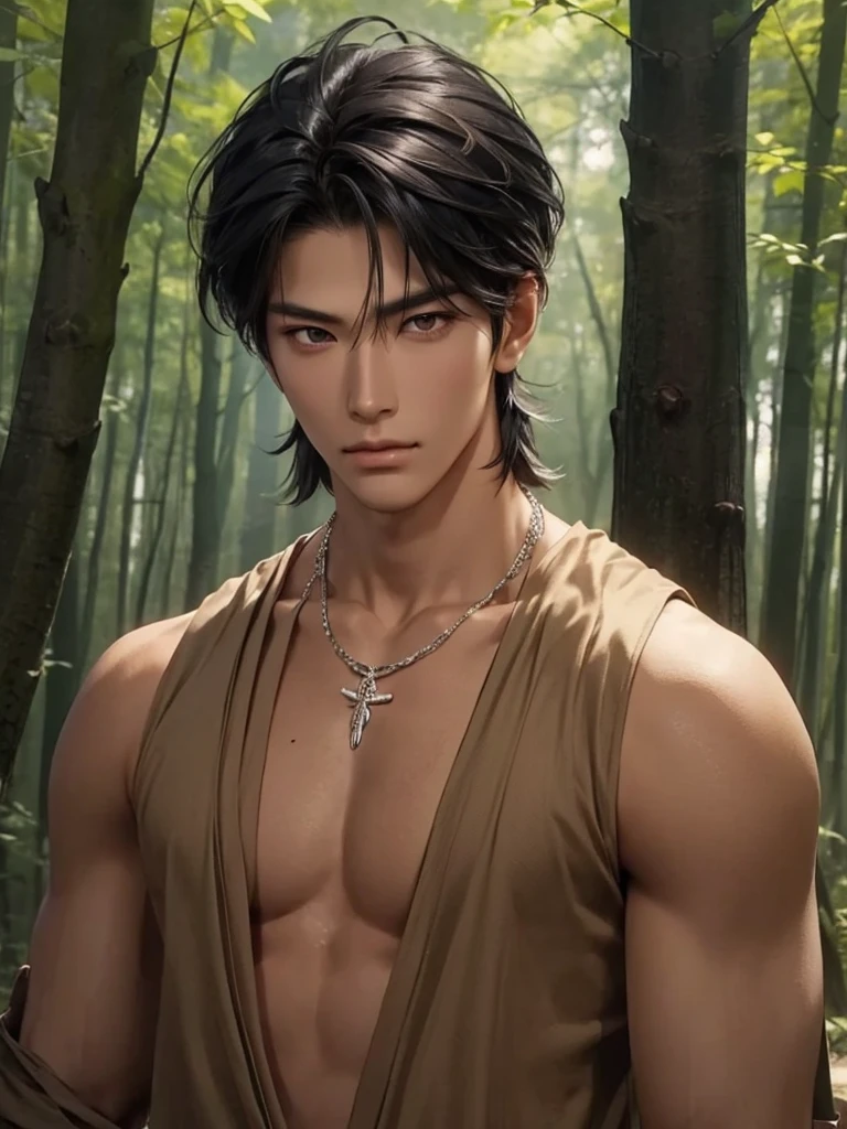 Handsome korean,tall and strong,perfect male figure, eyes looking at camera, ((tanned skin)),forest,feather hair accessories,black hair,serious expression,necklace,Ray tracing