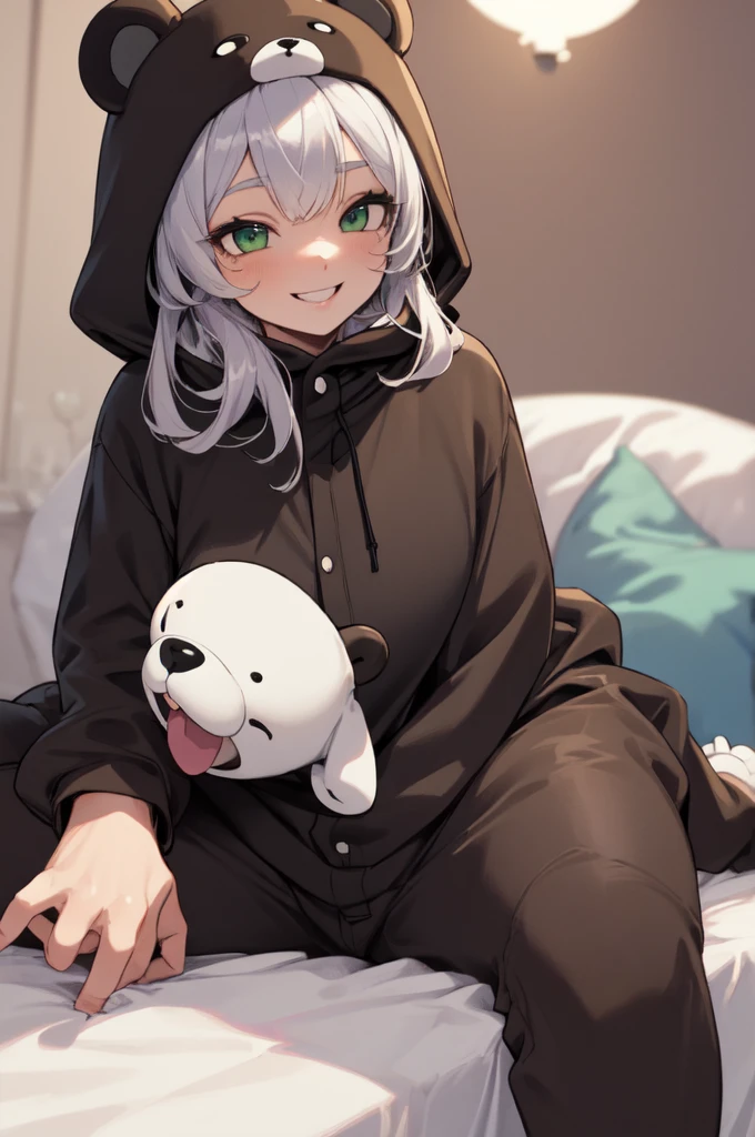 beautiful, (masterpiece), best quality, (extremely detailed face), extremely detailed eyes,  perfect lighting, OverallDetail, detailed, deep skin,textured skin,
,bear costume ,black bear costume, long sleeves, hood up,,mallow , long hair, green eyes, big smile,on bed ,sitting between pillows,
,