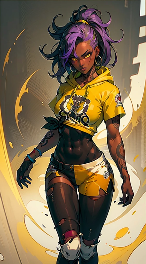 The most beautiful and sexy punk rock girl, rainbow hair, yellow eyes, dark skin, wear a hoodie, Graphic T-shirt and torn skinny jeans, tons of tattoos and piercings, perfect masterpiece, high quality, High resolution