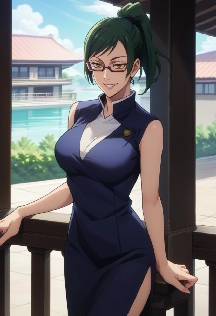 score_9, score_8_up, score_7_up, score_6_up, h1m3n0, 1girl, , mature female,  Maki Zenin , green ponytail hair, glasses, yellow eyes, dark blue jujutsu uniform, naughty smile, balcony, standing in seductive pose