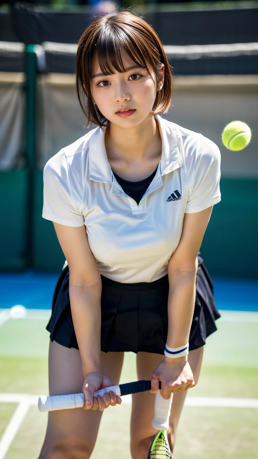 (8K, RAW Photos, Highest quality, masterpiece:1.2), (professional photography, full colors, studio-caliber color grading), (Gravure quality for high-end fashion magazines), close up, BREAK,18 year old girl, (low twintail:1.2), crying a little, Harajuku style, Big Natural Color Lip, (Plumpy body:1.2), (smooth skin:1.1), (huge breasts:1.2 BREAK (white tennis uniform:1.2 short sleeve, shirt, skirt, socks, tennis shoes, depth of fields, natural lighting